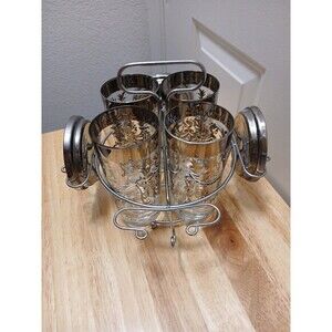 Vintage Kimiko Silver Crest Guardian Shield 4 Glasses And‎ 3 Coasters Set Caddy